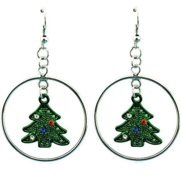 Christmas Tree Hoop French Earrings - Picture 1 of 2